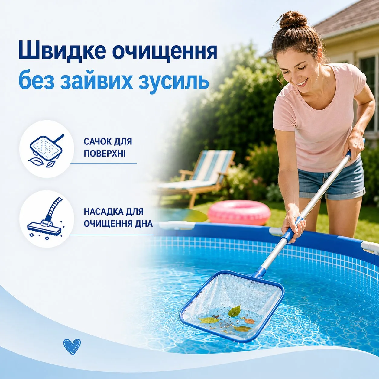 Жінка чистить басейн сачком