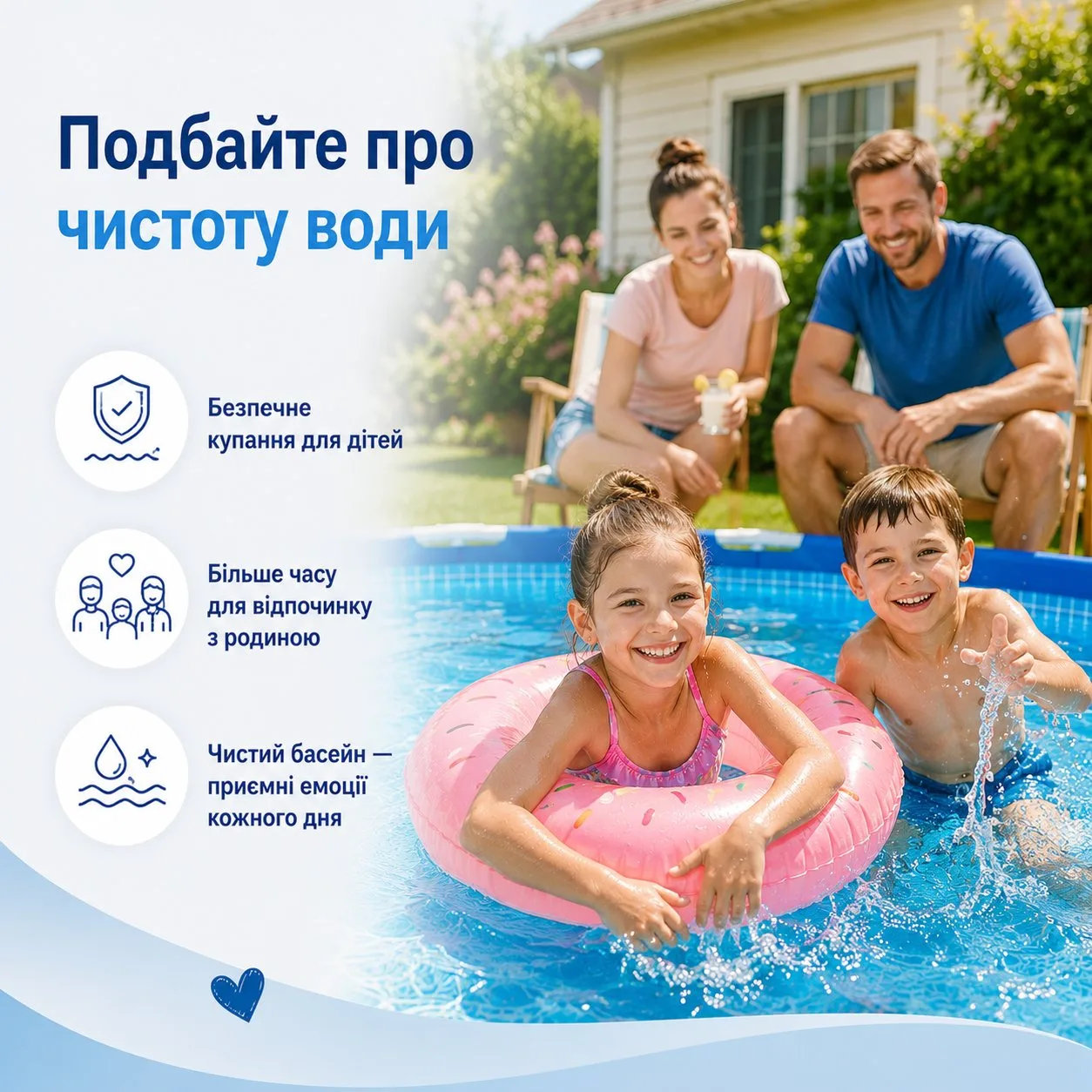 Сім'я відпочиває біля чистого басейну